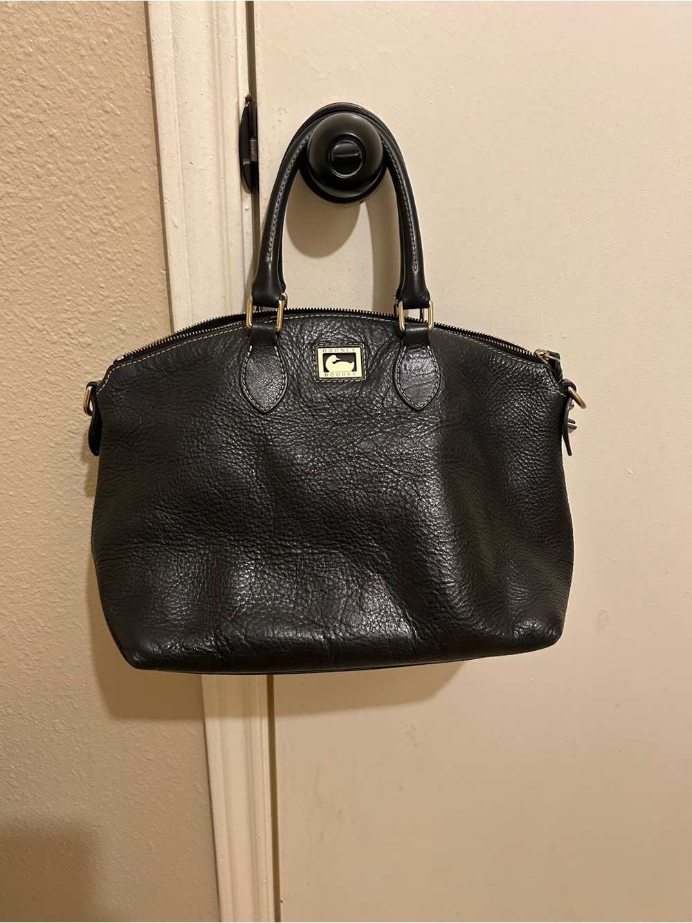 Dooney & Bourke Black Pebbled Leather Dome Satchel with Gold Hardware
